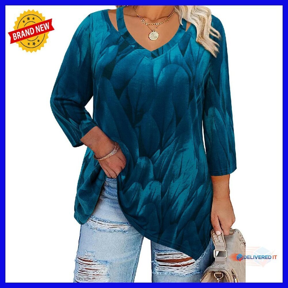 Plus Size 3/4 Sleeve V Neck Tunic Top Cotton Blend Loose Fit
